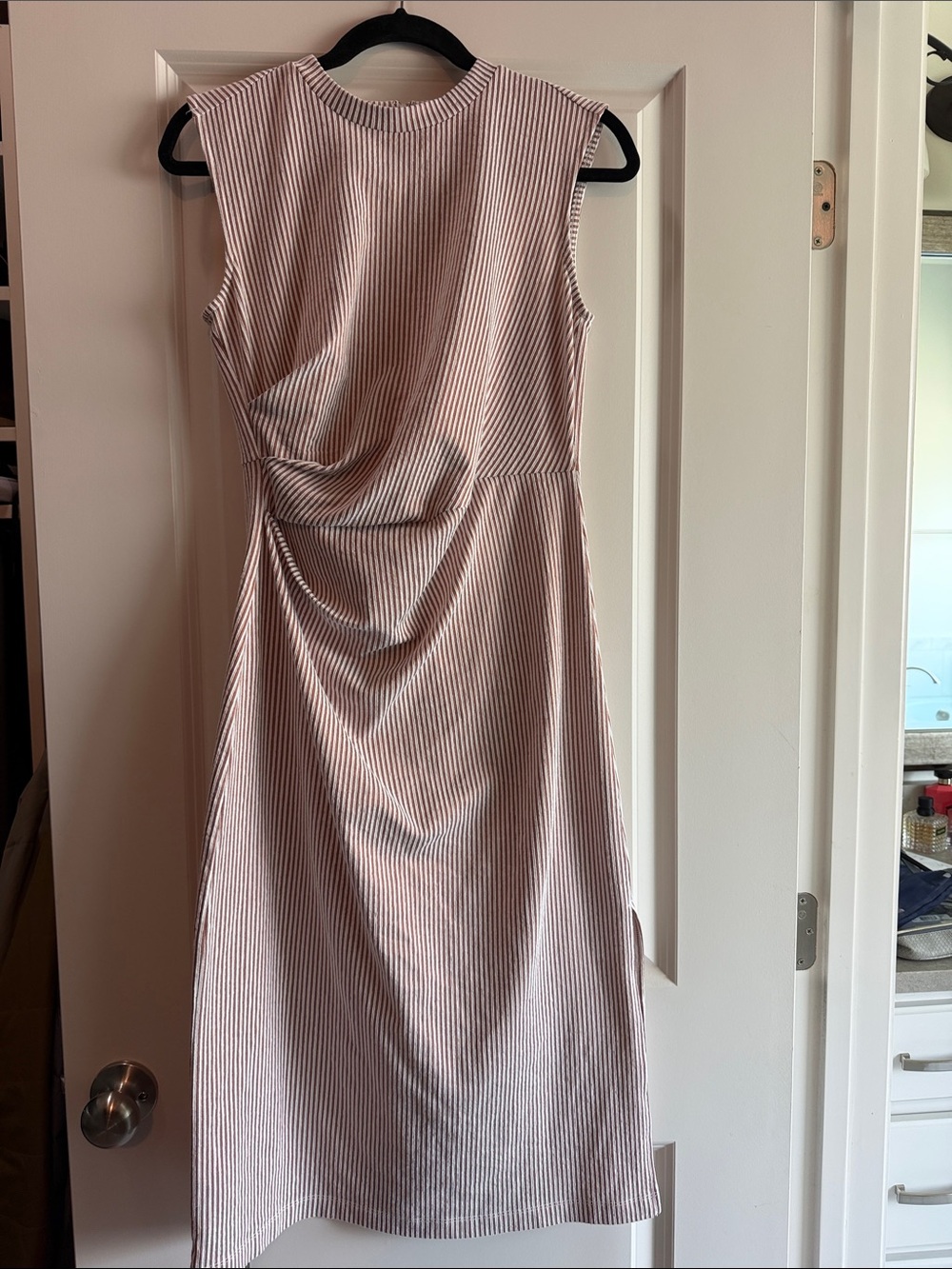 LOFT rust and White Striped Sleeveless Midi Dress